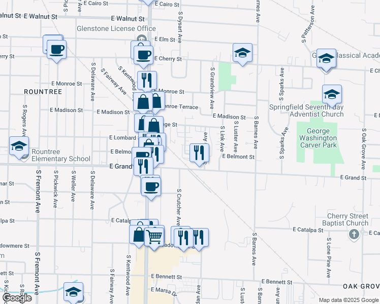map of restaurants, bars, coffee shops, grocery stores, and more near 933 East Belmont Street in Springfield