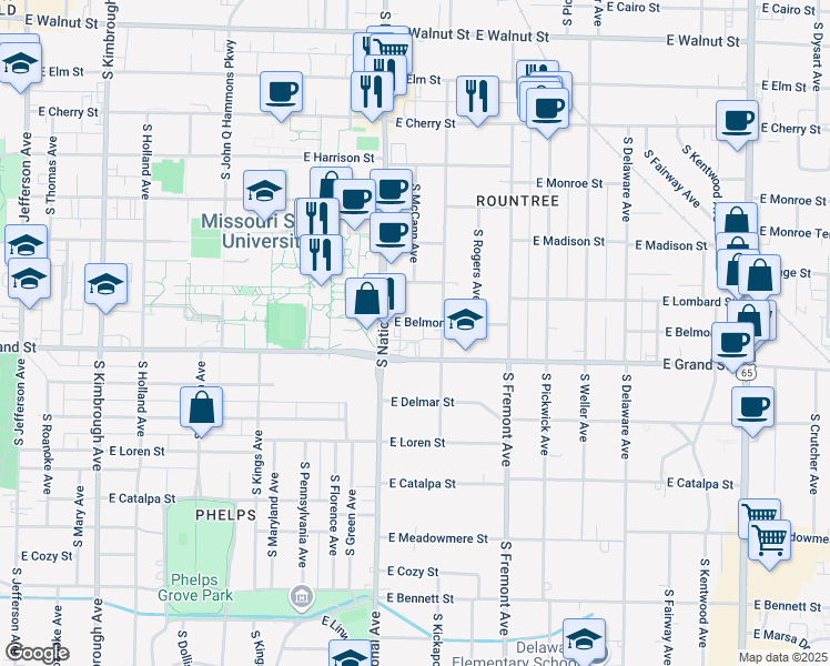 map of restaurants, bars, coffee shops, grocery stores, and more near 949 South Kickapoo Avenue in Springfield