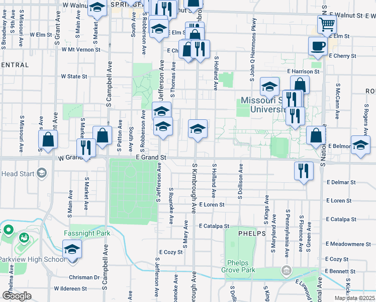 map of restaurants, bars, coffee shops, grocery stores, and more near 511 Grand Street in Springfield