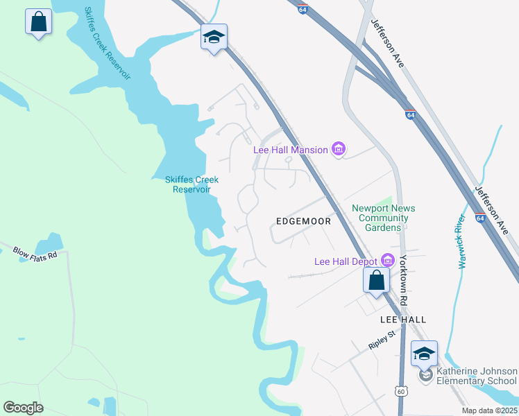 map of restaurants, bars, coffee shops, grocery stores, and more near 106 Creekstone Drive in Newport News