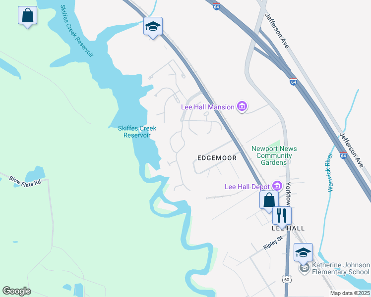 map of restaurants, bars, coffee shops, grocery stores, and more near 116 Creekstone Drive in Newport News