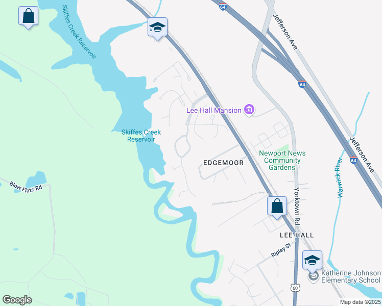 map of restaurants, bars, coffee shops, grocery stores, and more near 116 Creekstone Drive in Newport News