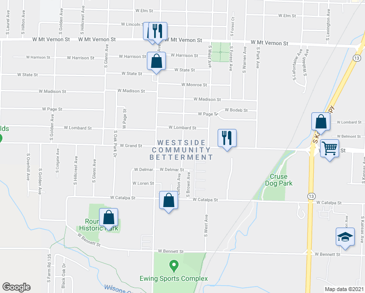 map of restaurants, bars, coffee shops, grocery stores, and more near West Grand Street in Springfield