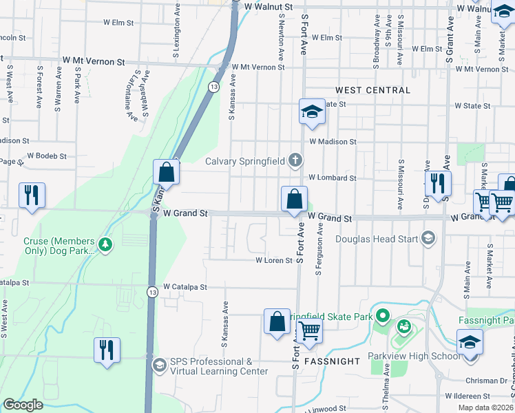 map of restaurants, bars, coffee shops, grocery stores, and more near in Springfield