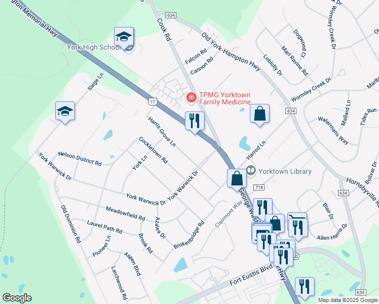 map of restaurants, bars, coffee shops, grocery stores, and more near 206 Harris Grove Lane in Yorktown