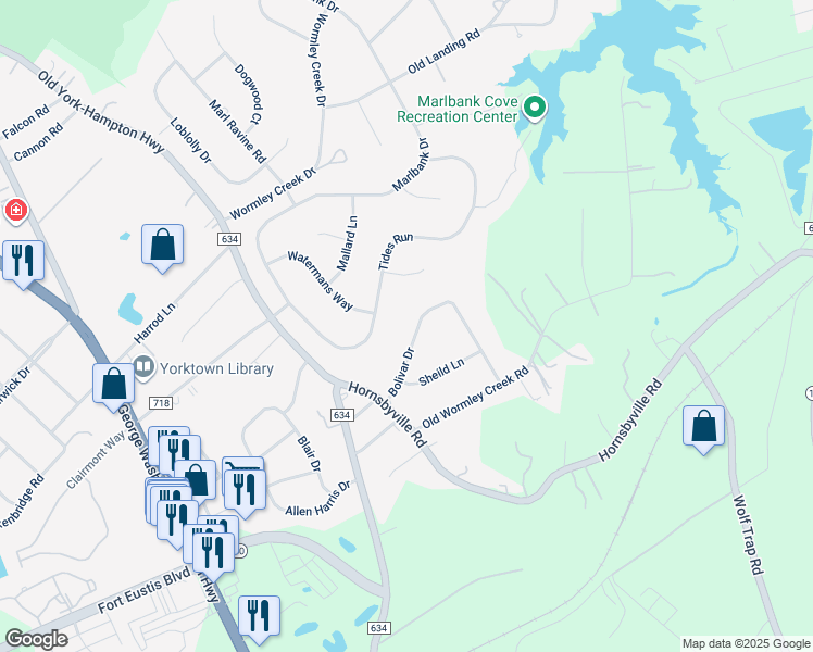 map of restaurants, bars, coffee shops, grocery stores, and more near 212 Bolivar Drive in Yorktown