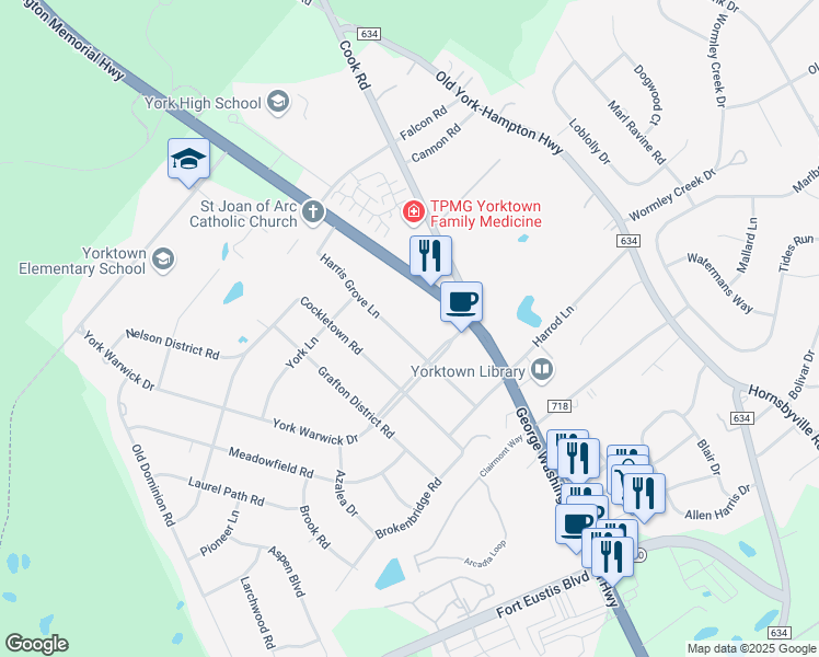 map of restaurants, bars, coffee shops, grocery stores, and more near 206 Harris Grove Lane in Yorktown