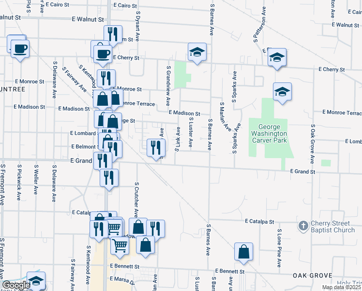 map of restaurants, bars, coffee shops, grocery stores, and more near 2104-2110 East Belmont Street in Springfield