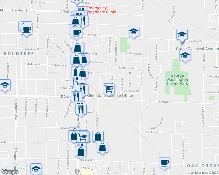 map of restaurants, bars, coffee shops, grocery stores, and more near 933 East Belmont Street in Springfield