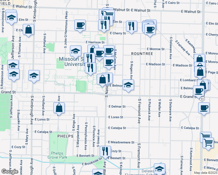 map of restaurants, bars, coffee shops, grocery stores, and more near in Springfield