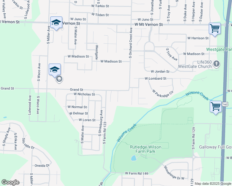 map of restaurants, bars, coffee shops, grocery stores, and more near 4136 West Farm Road 140 in Springfield