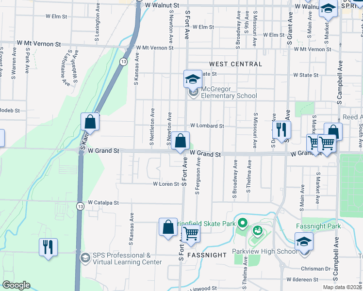 map of restaurants, bars, coffee shops, grocery stores, and more near 1321 Grand Street in Springfield
