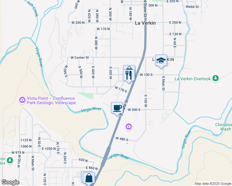 map of restaurants, bars, coffee shops, grocery stores, and more near 260 West 210 South in La Verkin