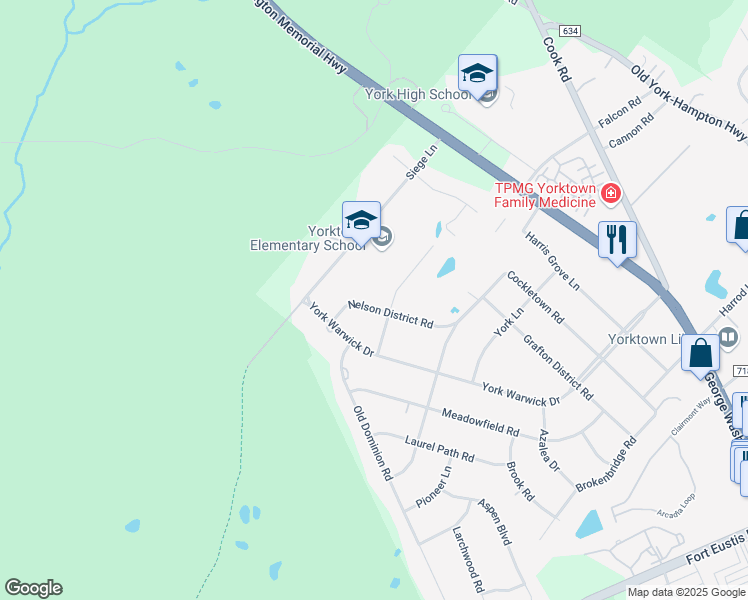 map of restaurants, bars, coffee shops, grocery stores, and more near 202 Nelson District Road in Yorktown