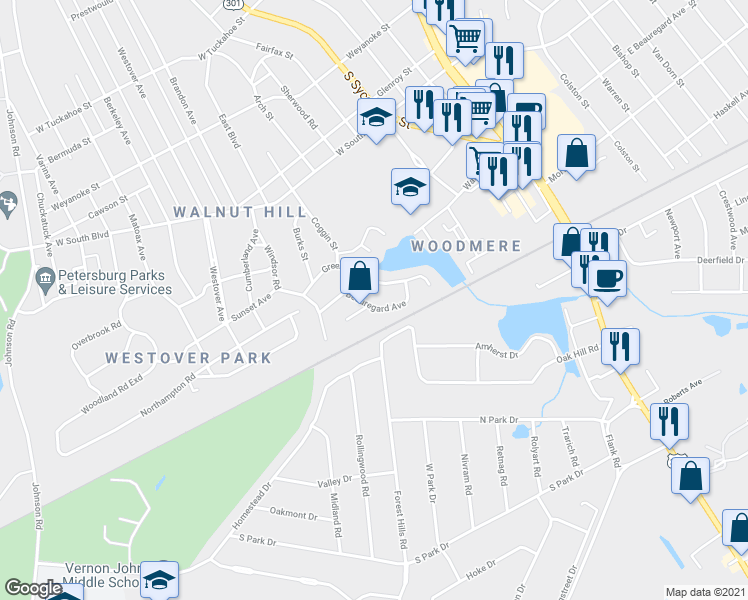 map of restaurants, bars, coffee shops, grocery stores, and more near 345 Beauregard Avenue in Petersburg