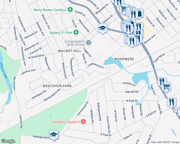 map of restaurants, bars, coffee shops, grocery stores, and more near 437 Beauregard Avenue in Petersburg
