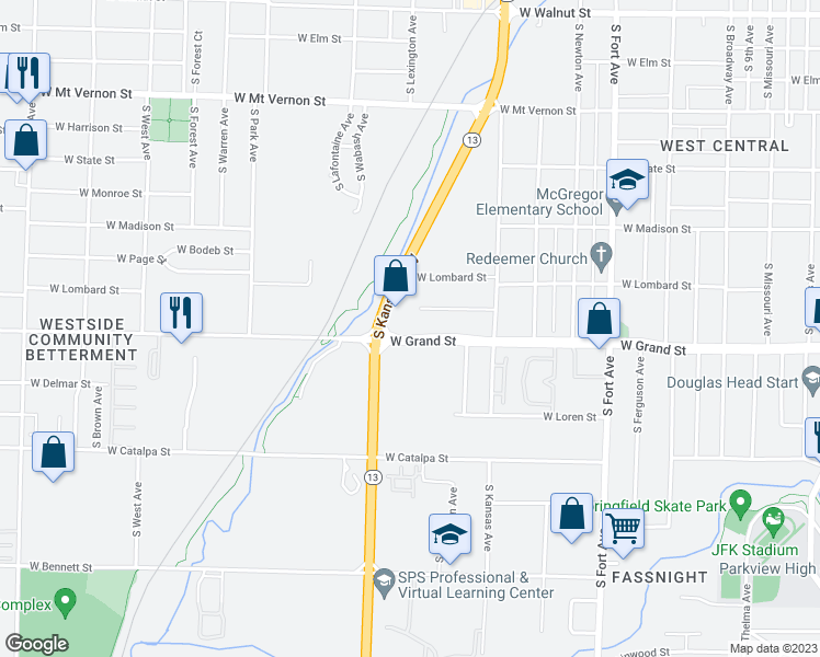 map of restaurants, bars, coffee shops, grocery stores, and more near 1803 West Grand Street in Springfield