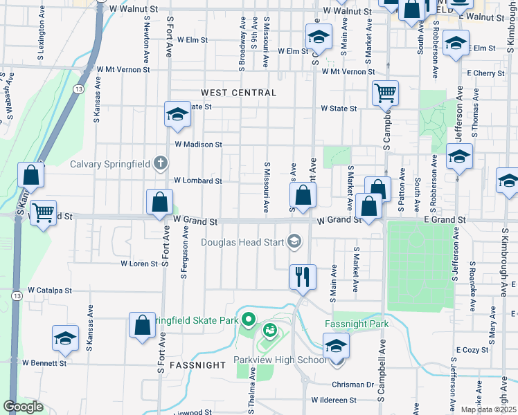 map of restaurants, bars, coffee shops, grocery stores, and more near 929 W Grand St in Springfield