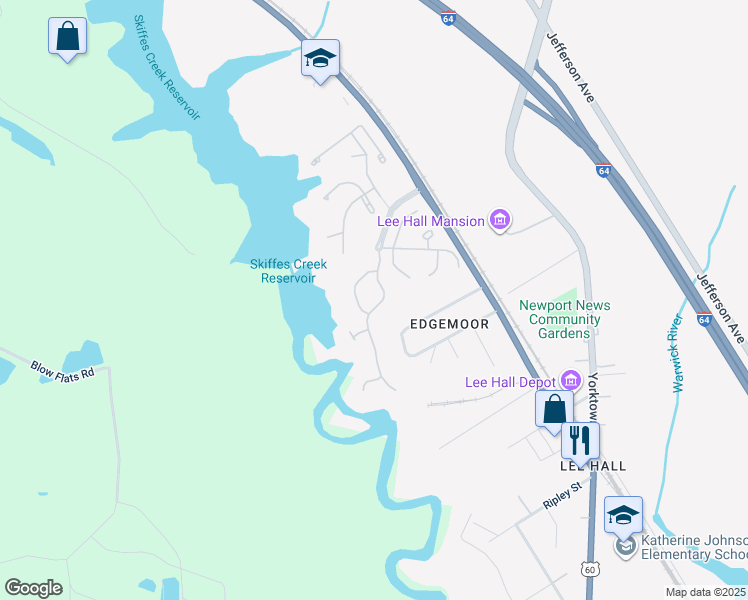 map of restaurants, bars, coffee shops, grocery stores, and more near 106 Creekstone Drive in Newport News