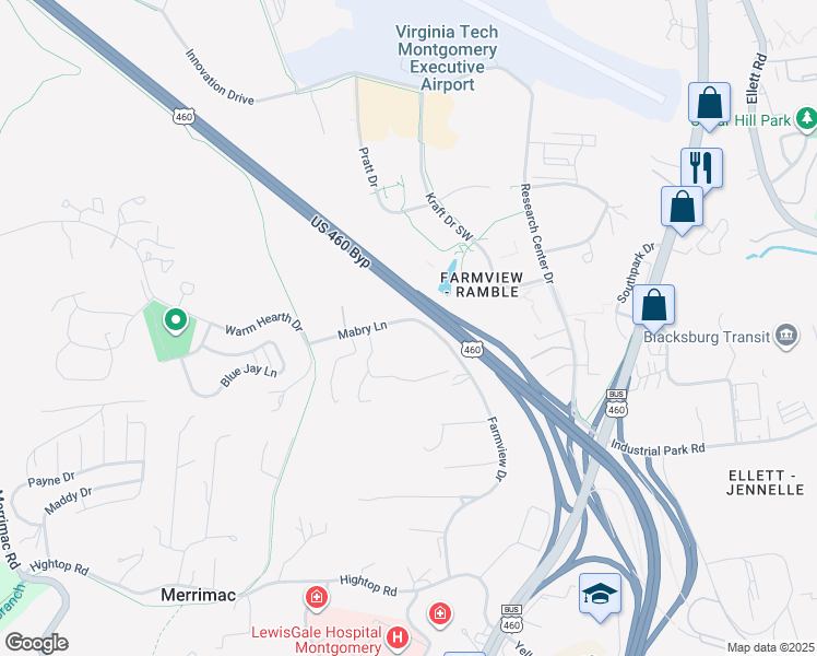 map of restaurants, bars, coffee shops, grocery stores, and more near 509 Mabry Lane in Blacksburg