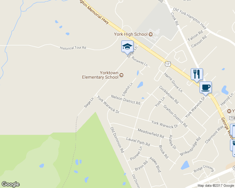 map of restaurants, bars, coffee shops, grocery stores, and more near 202 Nelson District Road in Yorktown