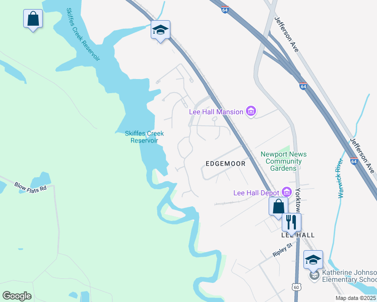 map of restaurants, bars, coffee shops, grocery stores, and more near 106 Creekstone Drive in Newport News