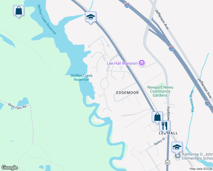 map of restaurants, bars, coffee shops, grocery stores, and more near 106 Creekstone Drive in Newport News