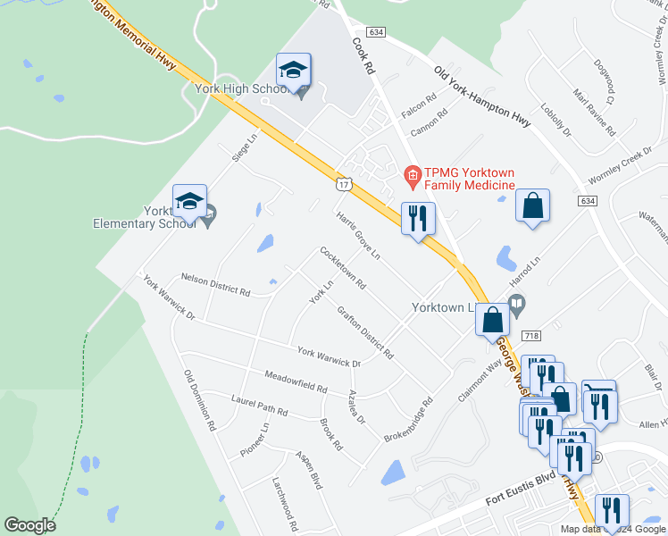 map of restaurants, bars, coffee shops, grocery stores, and more near 200 York Lane in Yorktown