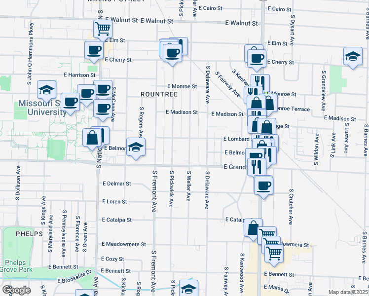map of restaurants, bars, coffee shops, grocery stores, and more near 941 South Weller Avenue in Springfield
