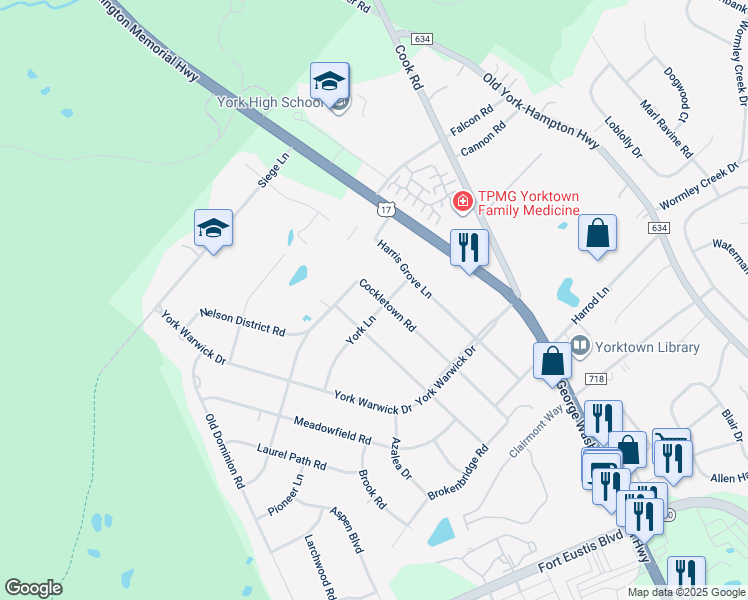 map of restaurants, bars, coffee shops, grocery stores, and more near 200 York Lane in Yorktown