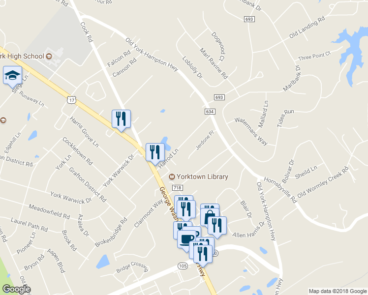 map of restaurants, bars, coffee shops, grocery stores, and more near 300 Harrod Lane in Yorktown