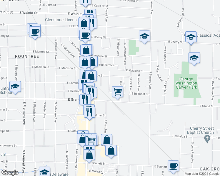 map of restaurants, bars, coffee shops, grocery stores, and more near 1863 Grand Street in Springfield