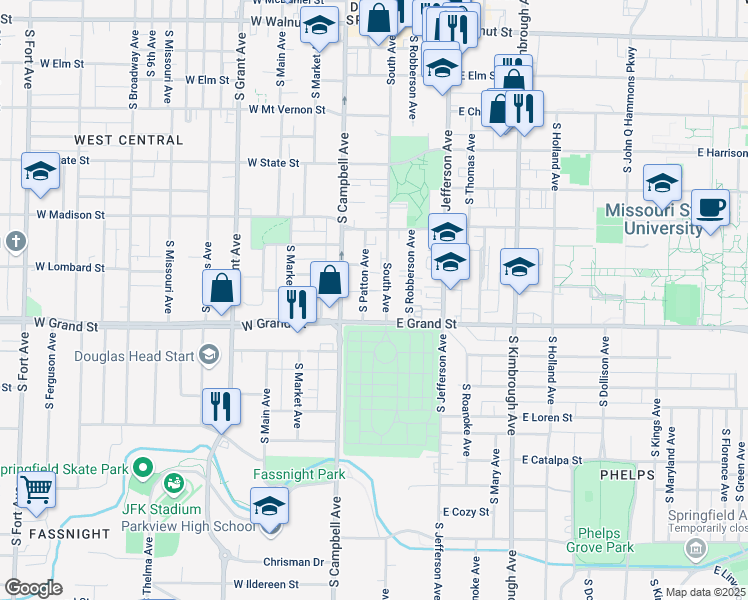map of restaurants, bars, coffee shops, grocery stores, and more near in Springfield