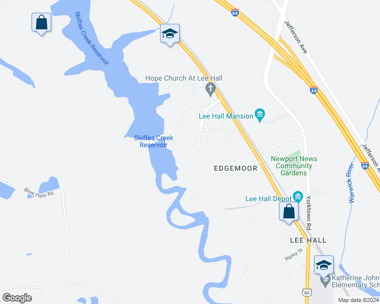 map of restaurants, bars, coffee shops, grocery stores, and more near 124 Creekshire Crescent in Newport News