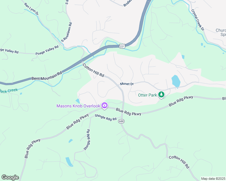map of restaurants, bars, coffee shops, grocery stores, and more near 5889 Monet Drive in Roanoke