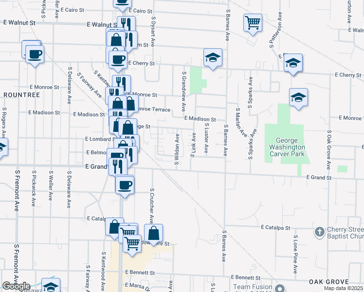 map of restaurants, bars, coffee shops, grocery stores, and more near 2020 East Page Street in Springfield
