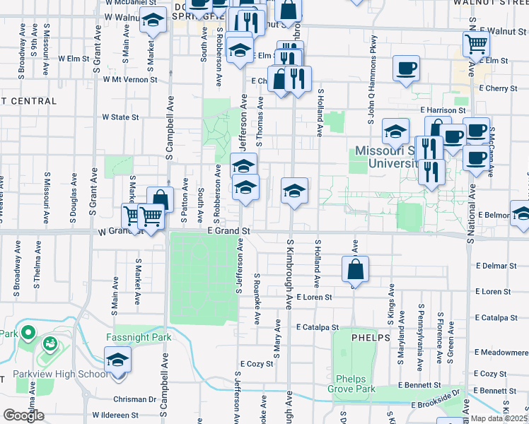 map of restaurants, bars, coffee shops, grocery stores, and more near 856 South Roanoke Avenue in Springfield