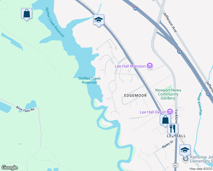 map of restaurants, bars, coffee shops, grocery stores, and more near 325 Oak Ridge Drive in Newport News