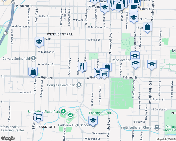 map of restaurants, bars, coffee shops, grocery stores, and more near 624 West Lombard Circle in Springfield