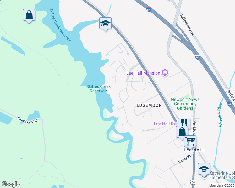 map of restaurants, bars, coffee shops, grocery stores, and more near 325 Oak Ridge Drive in Newport News