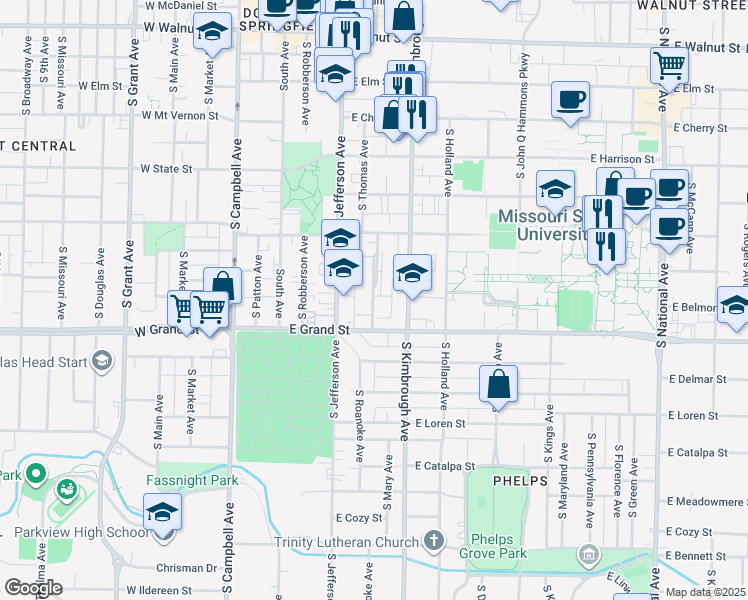 map of restaurants, bars, coffee shops, grocery stores, and more near 856 South Roanoke Avenue in Springfield