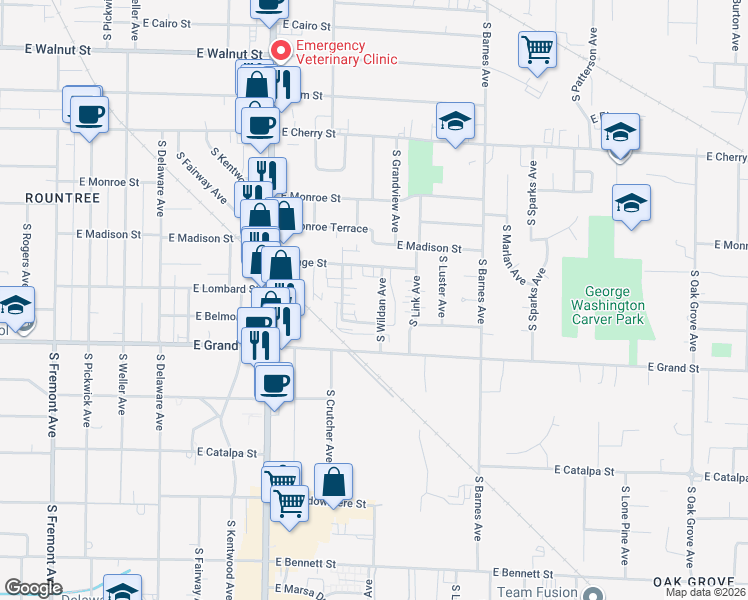 map of restaurants, bars, coffee shops, grocery stores, and more near 901 South Wildan Avenue in Springfield