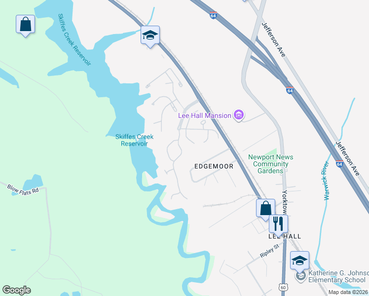 map of restaurants, bars, coffee shops, grocery stores, and more near 146 Creekshire Crescent in Newport News