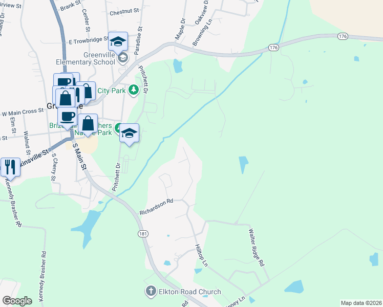 map of restaurants, bars, coffee shops, grocery stores, and more near 460-498 Fox Drive in Greenville