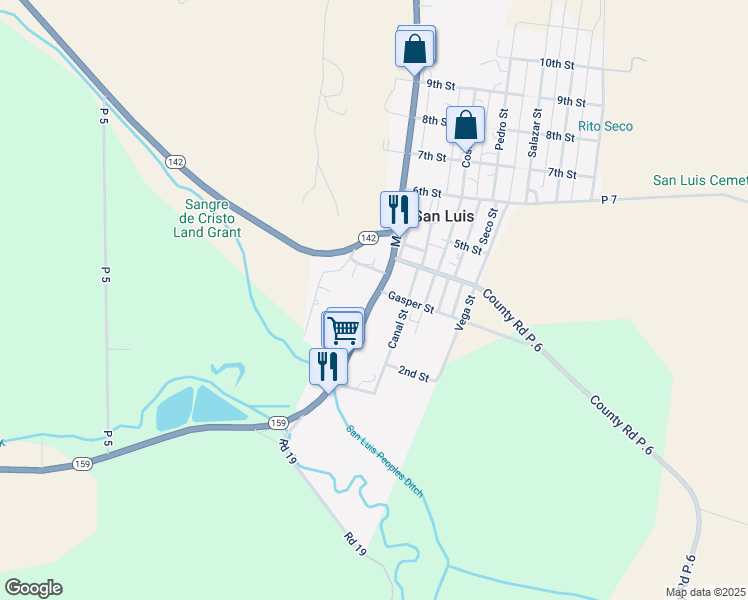 map of restaurants, bars, coffee shops, grocery stores, and more near 233 Main Street in San Luis