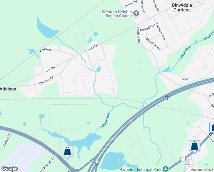 map of restaurants, bars, coffee shops, grocery stores, and more near 24209 Yosemite Road in Petersburg