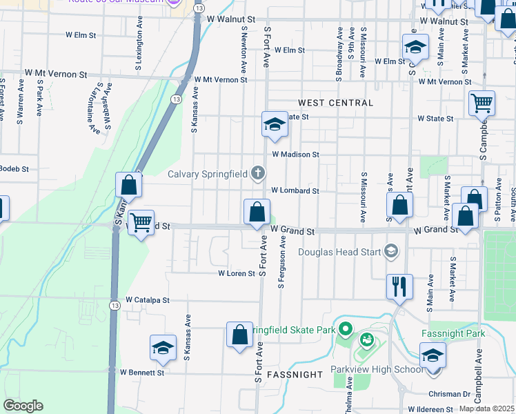 map of restaurants, bars, coffee shops, grocery stores, and more near 1350-1398 West Lombard Street in Springfield