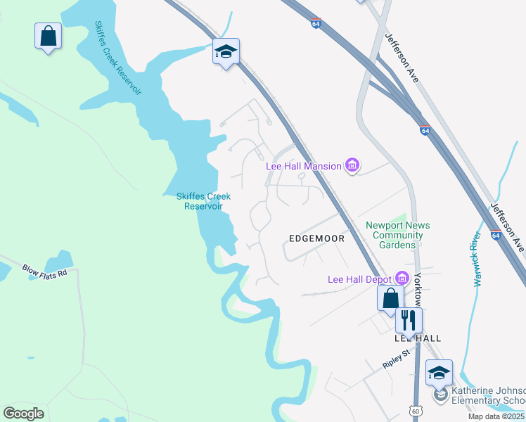 map of restaurants, bars, coffee shops, grocery stores, and more near 137 Creekstone Drive in Newport News