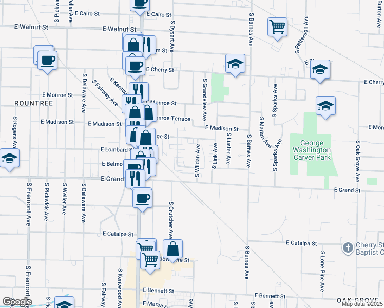 map of restaurants, bars, coffee shops, grocery stores, and more near 1920 East Page Street in Springfield