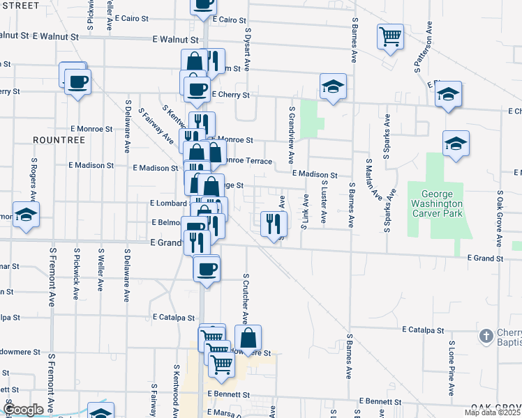 map of restaurants, bars, coffee shops, grocery stores, and more near 1920 East Page Street in Springfield
